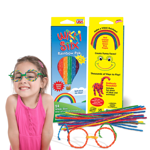 Rainbow Pak package shown with Wikkies beside it, and Wikki glasses, plus girl wearing Wikki glasses.
