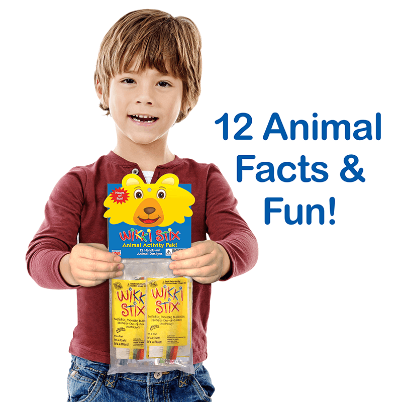 Boy holding the Animal Pak product with text that reads: 12 Animal Facts & Fun.