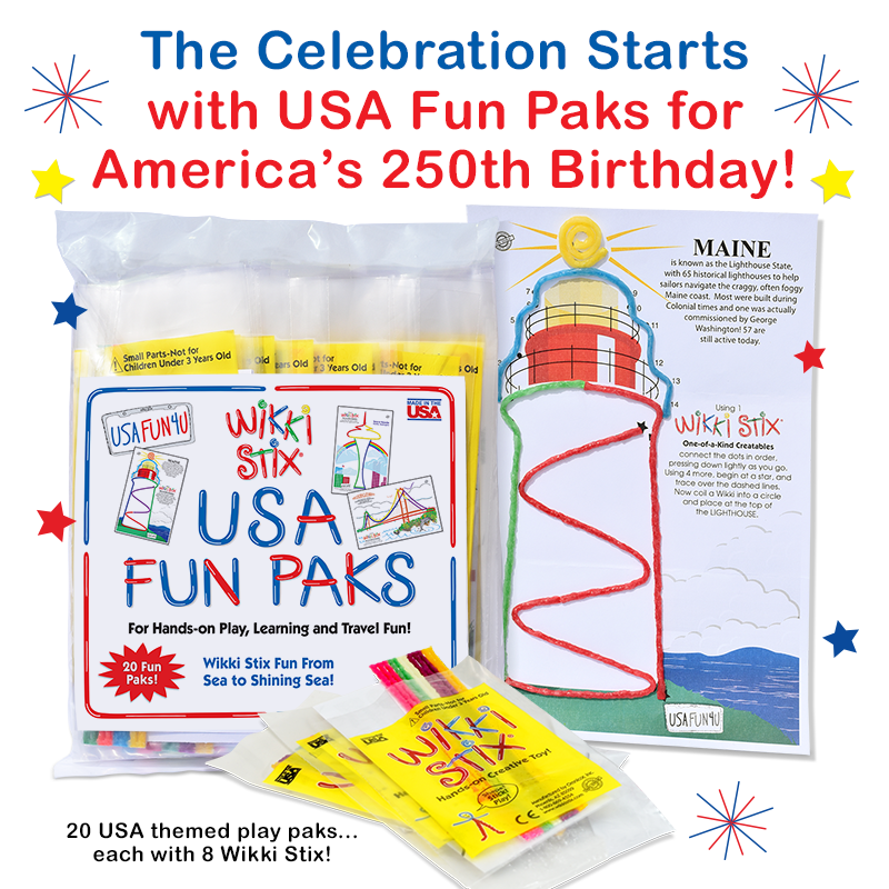 Celebrate America's 250th Birthday with USA Fun Paks product packaging.