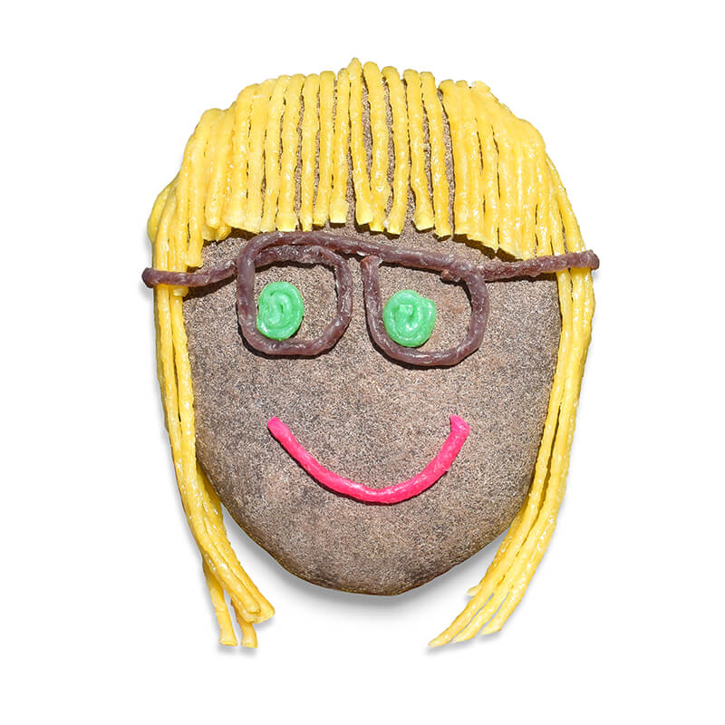Rock with girl hair and glasses.