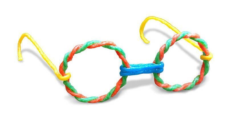 Closeup of colorful Wikki Stix eyeglasses.