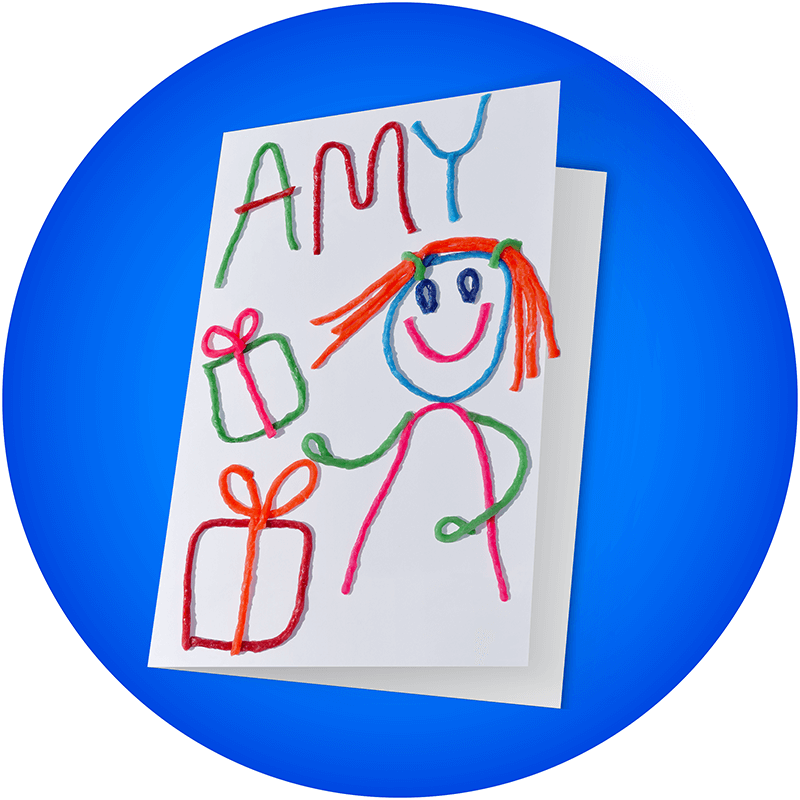 Card with the name Amy, presents and girl created with Wikki Stix.