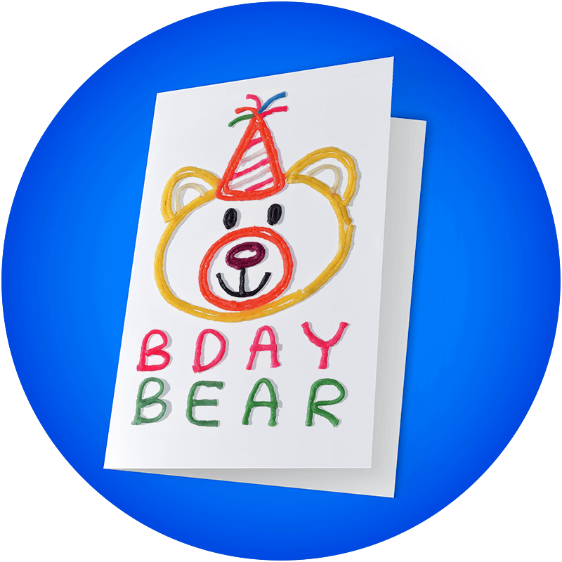 Bday bear Card with bear face and hat created with Wikki Stix.
