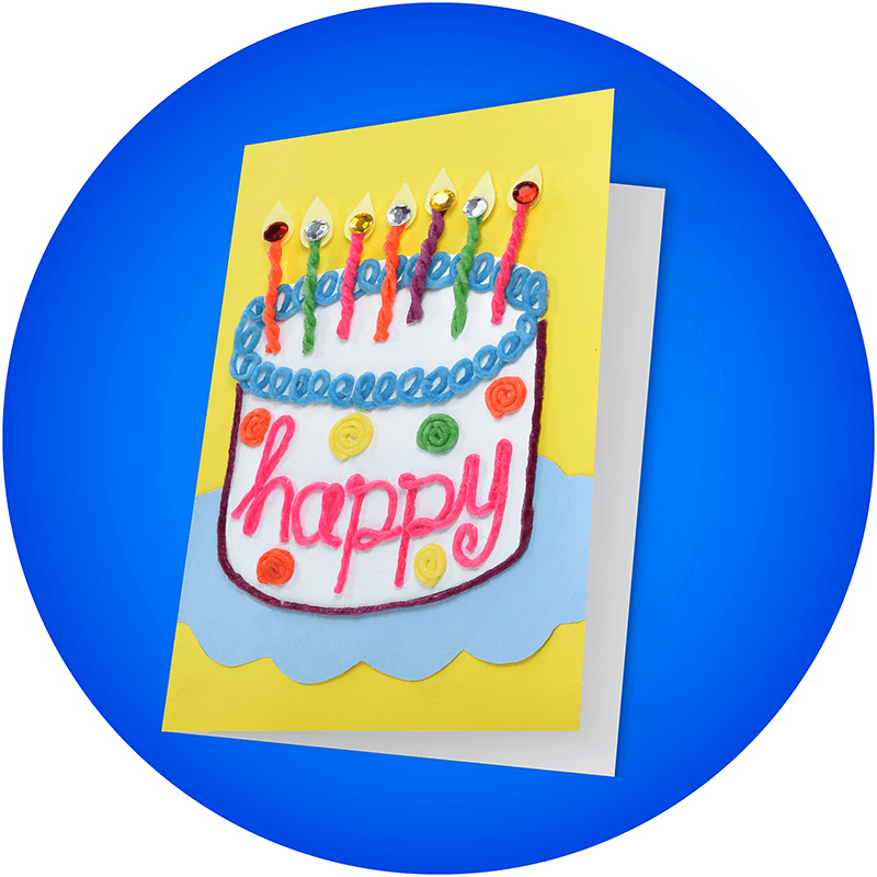 Card with a happy cake and candles created with Wikki Stix.