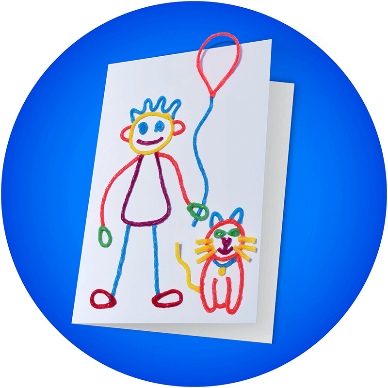 Card with a boy, cat and balloon created with Wikki Stix.