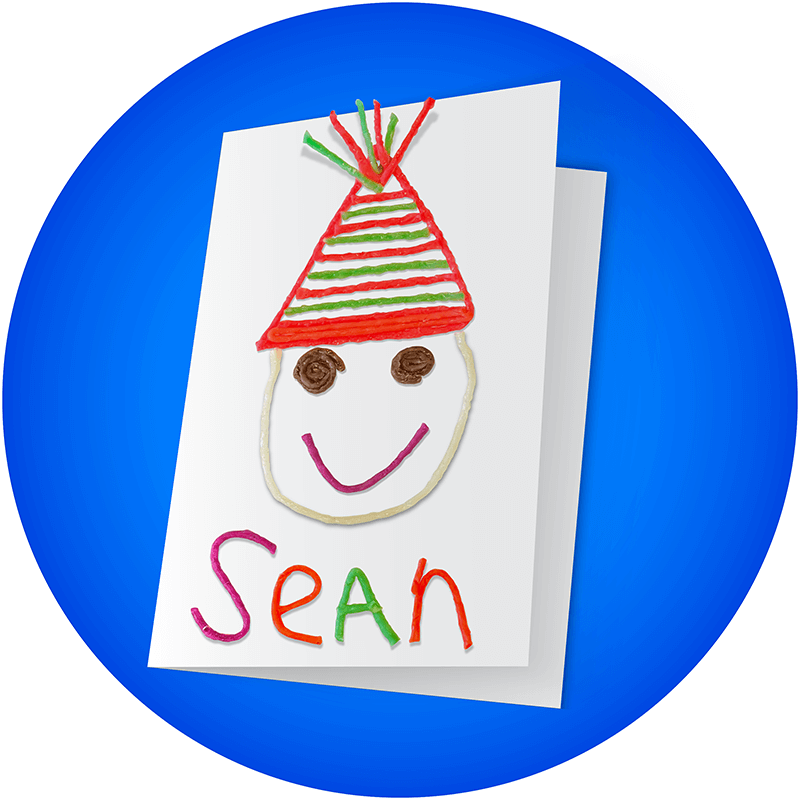 Card with the name Sean, and boy with hat created with Wikki Stix.