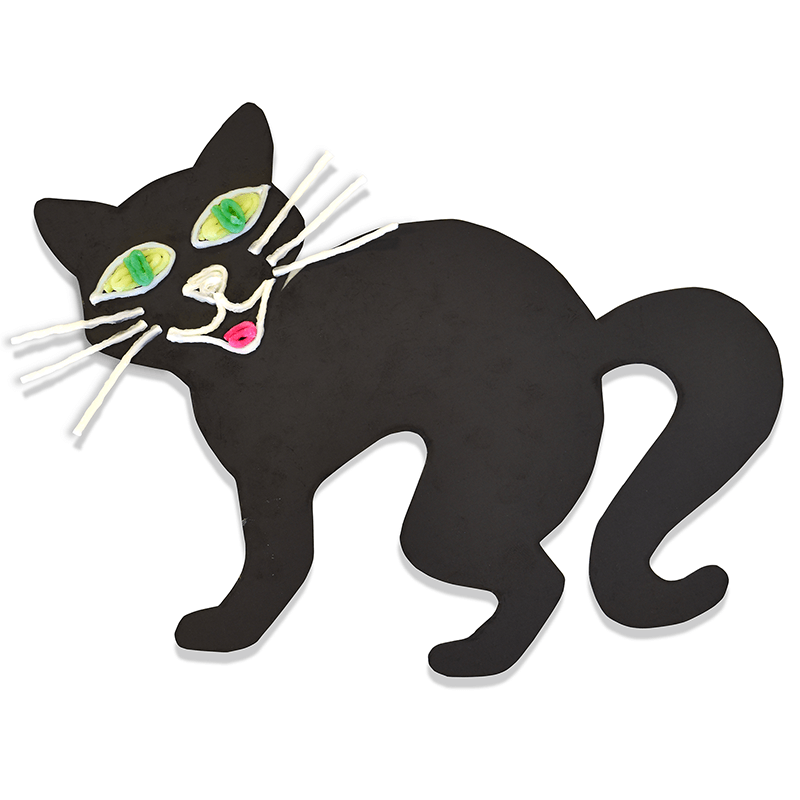 Construction Paper cutout of a cat decorated with Wikki Stix.