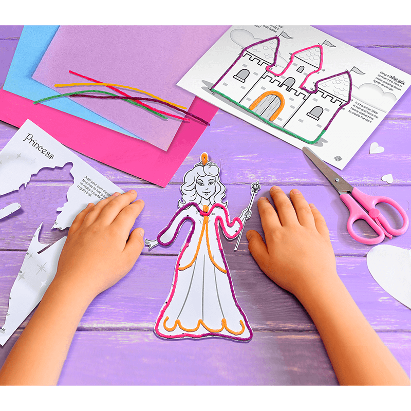 Make Believe princess cutout with child hands and castle playsheet.