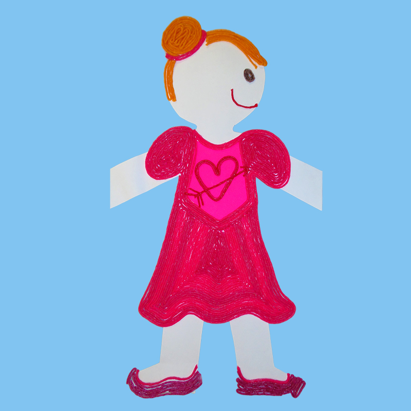 Girl paper doll with a red dress and red shoes.