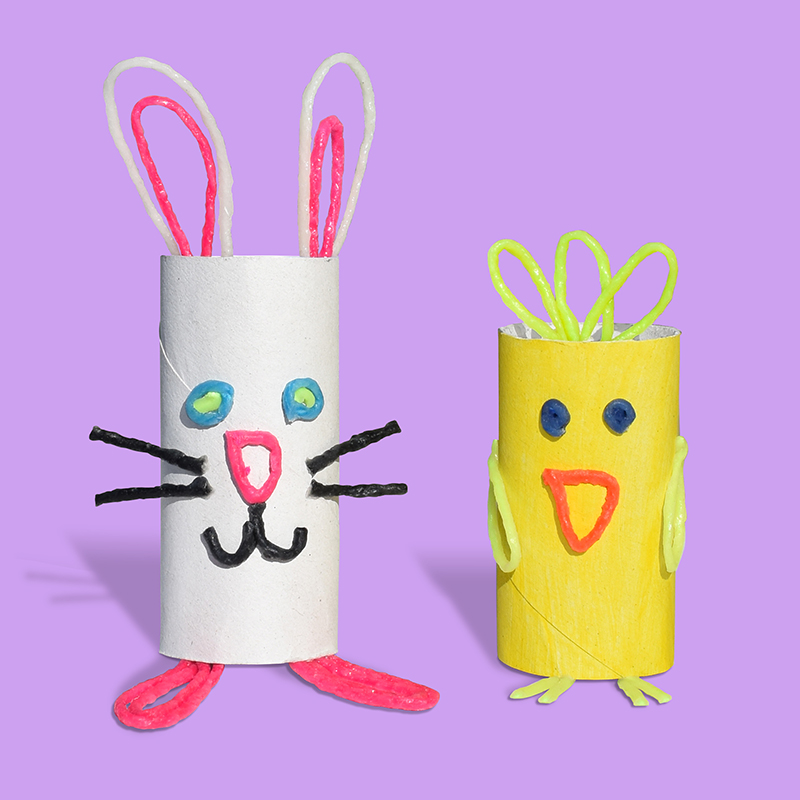 Easter Bunny & Chick created with recycled paper cores and Wikki Stix.