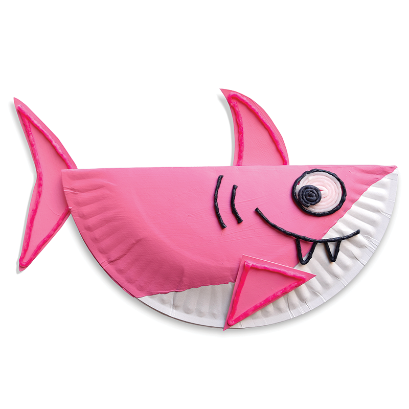 A pink paper plate shark created with a paper plate, paint and Wikki Stix!