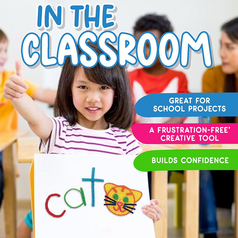 Girl in a classroom setting with Wikki Stix creation. Great for school project banner.